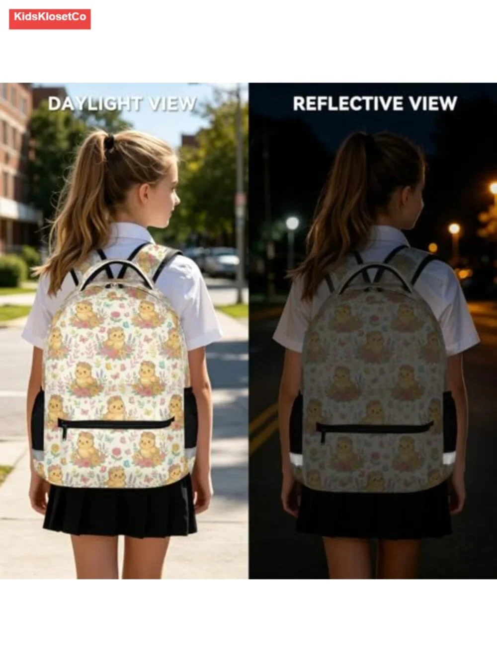 Cute Floral Chicken Backpack for Girls, School Bookbag with Reflective Strip,